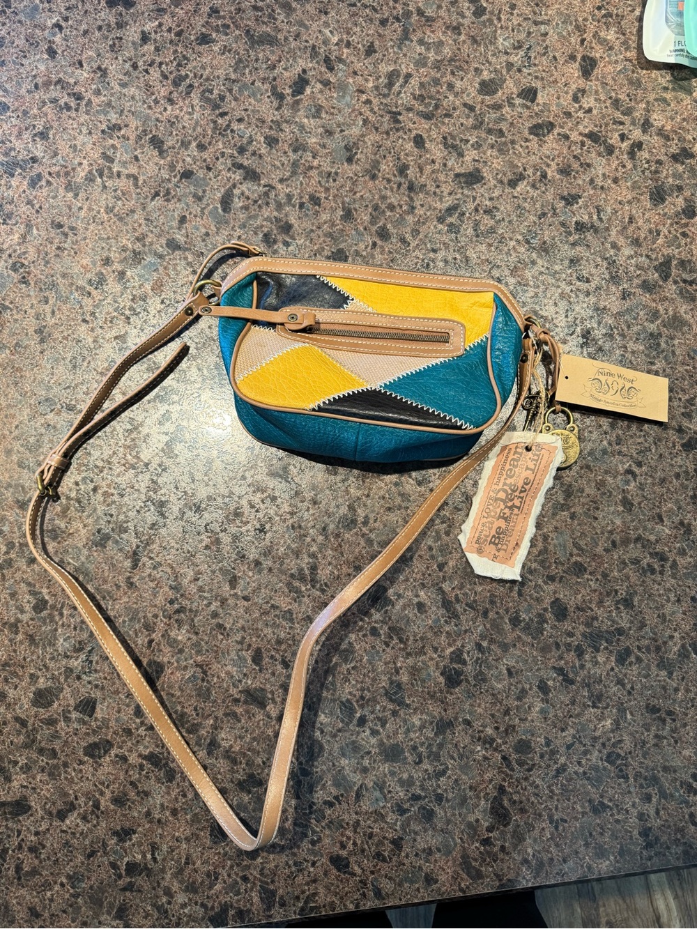 Vintage Nine West Patchwork Crossbody in Teal & Tan